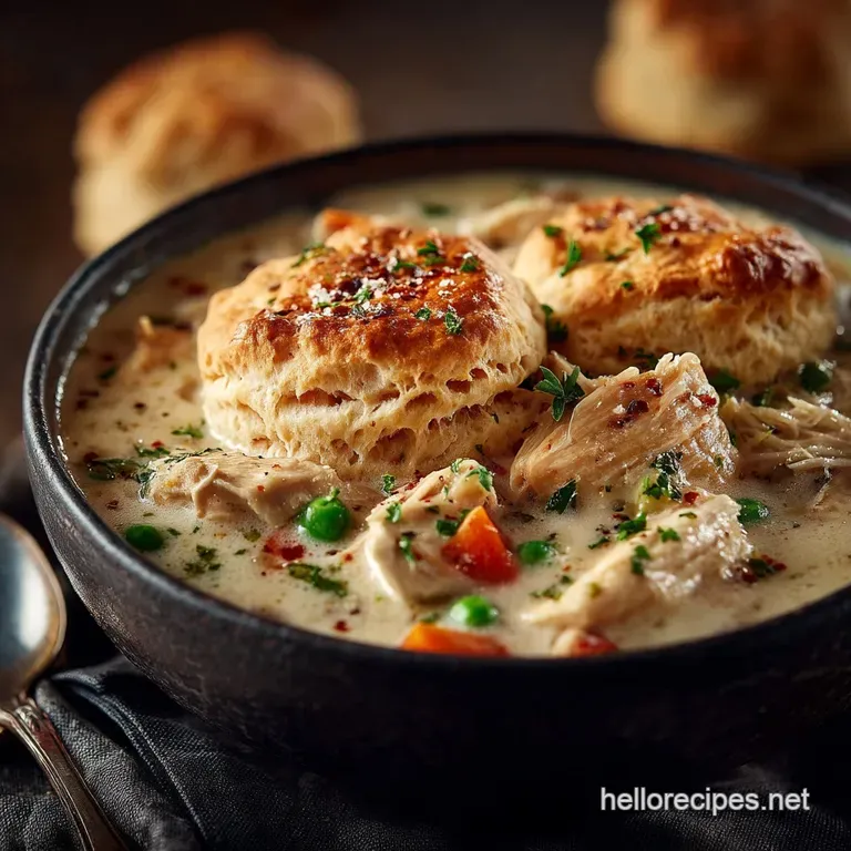 The Comfort Quota Creamy Chicken Pot Pie Soup with Herbed Scone Toppers presentation