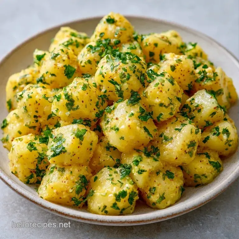 A neat scoop of creamy potato and herb mixture garnished with parsley on a dark slate platter beside crisp greens.