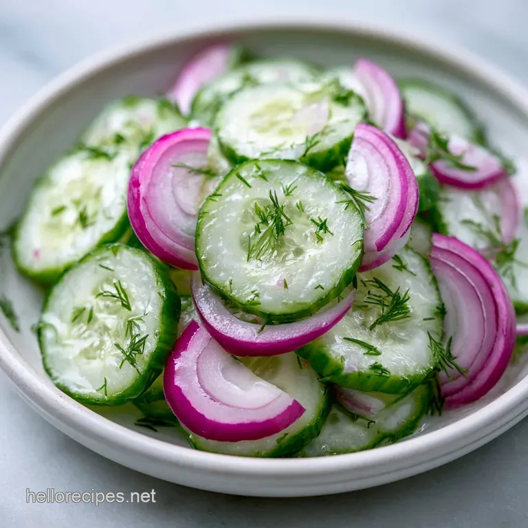 Pale green cucumber slices coated in a velvety white dressing, elegantly plated with fresh herbs and cracked pepper.