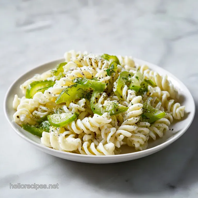 Chilled creamy pasta tossed with sliced dill pickles and red onion, served in a modern bowl with a silver fork.