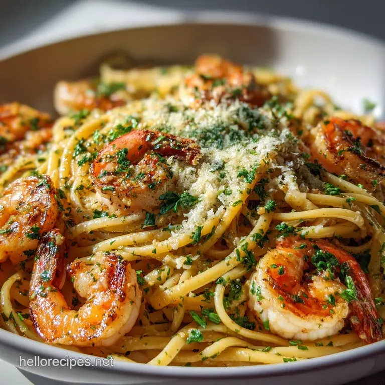 A twirl of glossy pasta coated in a creamy sauce, accented by fresh herbs and golden garlic, served in a shallow white bowl.