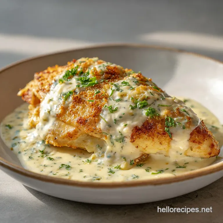 Tender chicken breast bathed in creamy garlic sauce, artfully plated with vibrant green asparagus and a bright lemon wedge.