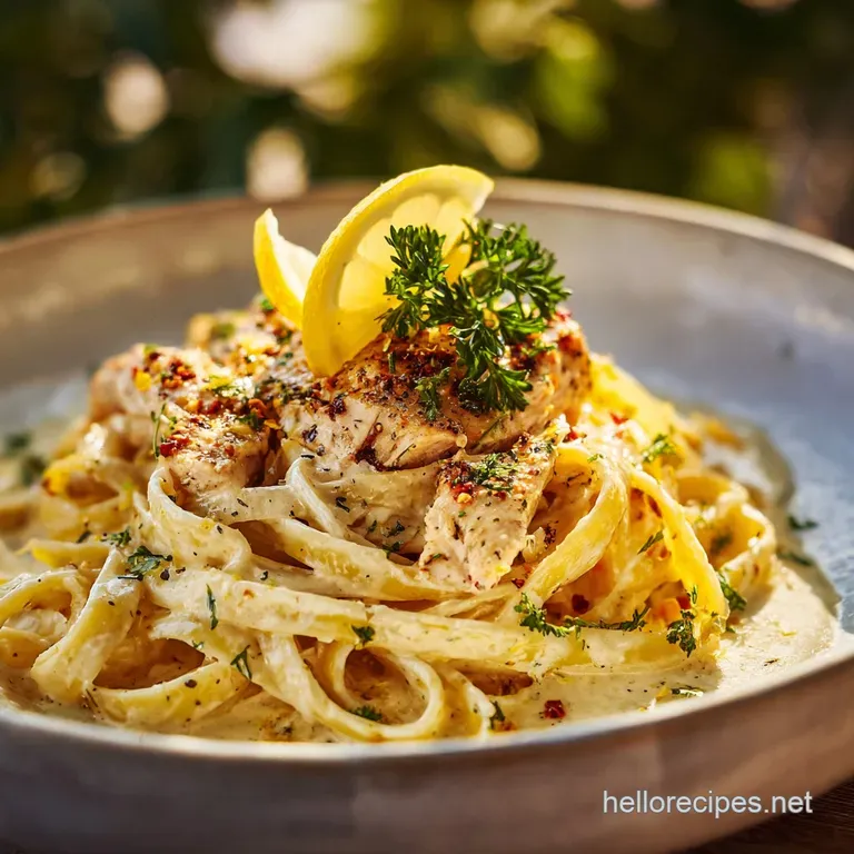 A fork twirls creamy lemon pasta with juicy chicken. Garnished with fresh parsley, lemon slice adding zest & brightness to...