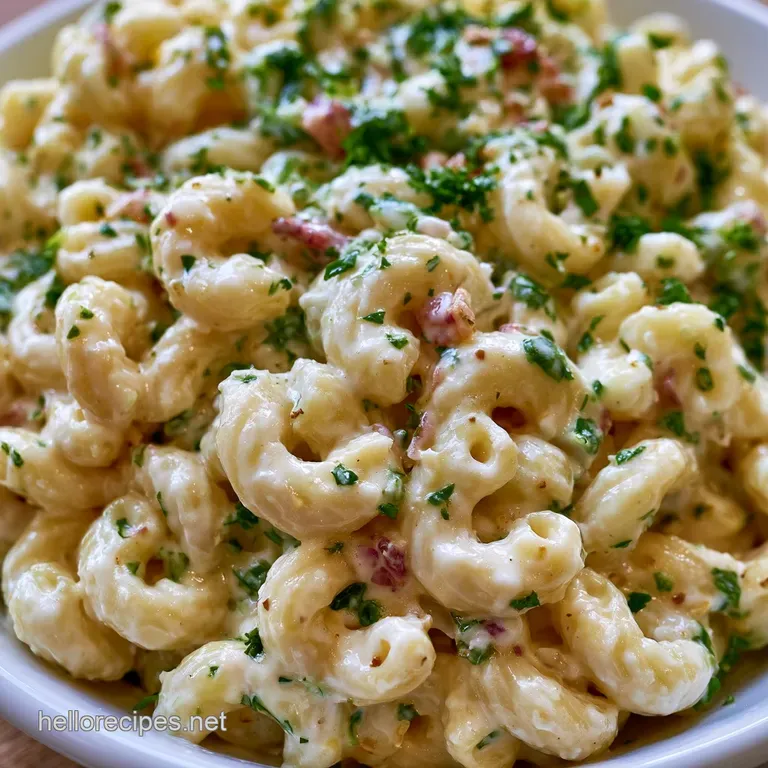 A chilled white ceramic bowl of creamy pasta and vegetables topped with fresh parsley on a light wooden table.