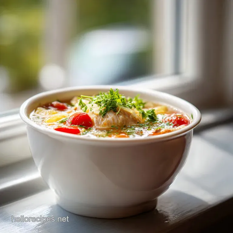 A comforting bowl of chicken soup, topped with fresh parsley, served with crusty bread slices for dipping.