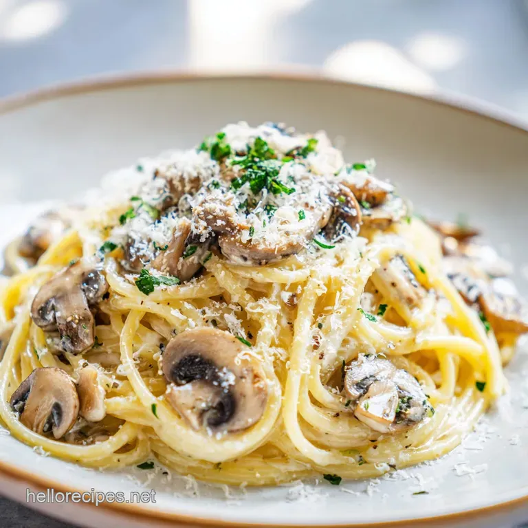 Elegant swirl of mushroom pasta, glossy with cream sauce. Sprig of thyme garnish adds a pop of fresh green against the whi...