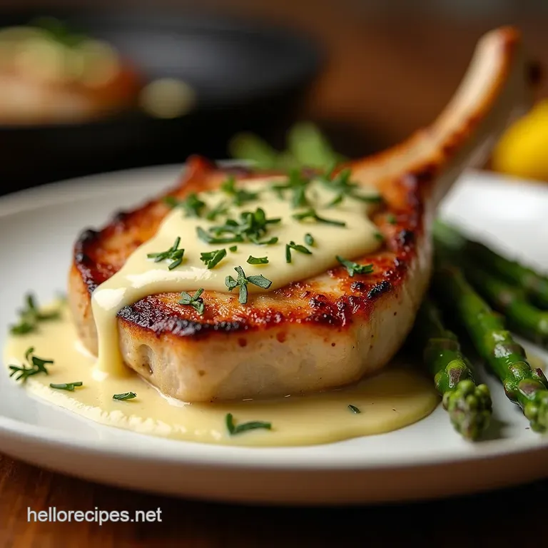 The Proper Porker Golden Panseared Chops with Lemonthyme Cream Sauce Asparagus presentation