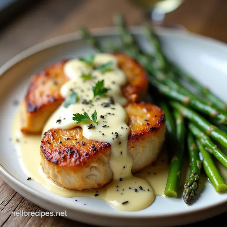 The Proper Porker Golden PanSeared Chops with LemonThyme Cream Sauce Asparagus