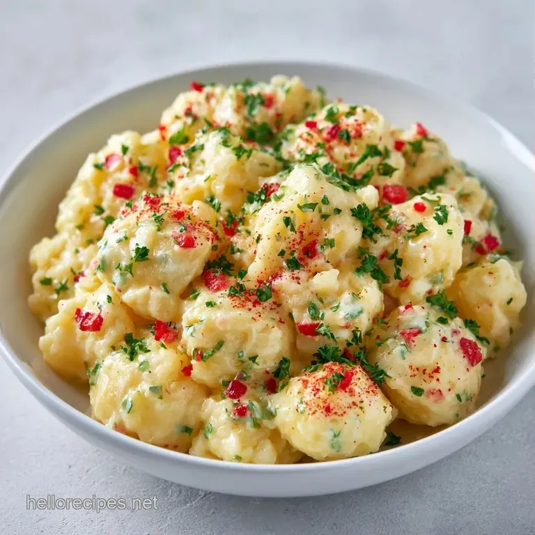 A chilled bowl of creamy potato salad topped with paprika and fresh parsley on a light blue linen tablecloth.