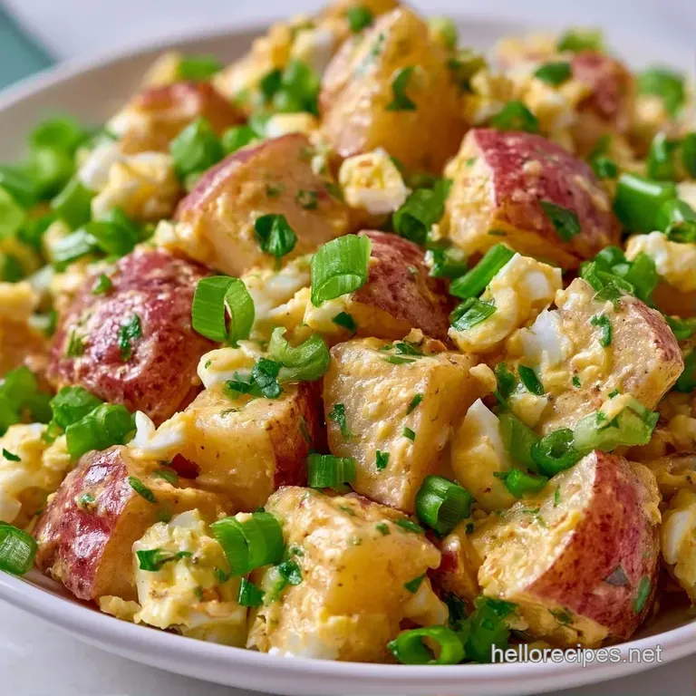 A chilled scoop of potato salad topped with paprika and microgreens on a slate platter with a silver fork.