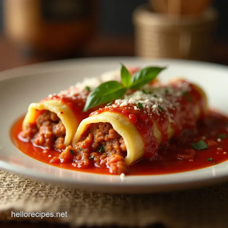 Creamy Ricotta Stuffed Manicotti with Hearty Meat Sauce presentation