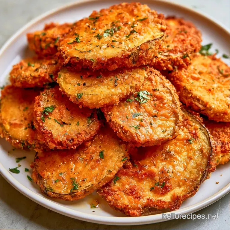 Artfully stacked golden eggplant rounds topped with a dollop of creamy white sauce and fresh micro-herbs.