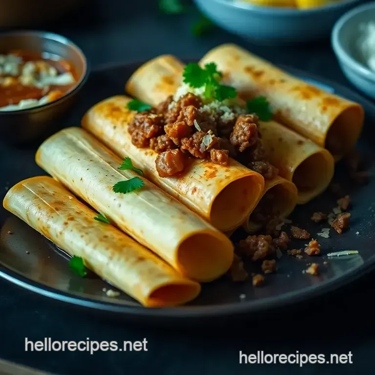 Crispy Beef Flautas with Savory Dipping Sauce presentation