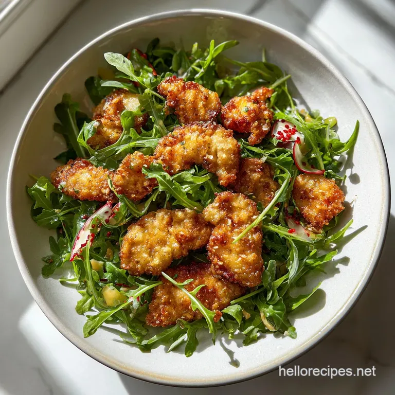 Crispy chicken atop peppery arugula salad; bright lemon vinaigrette glistens on the golden-brown breading. A restaurant-wo...
