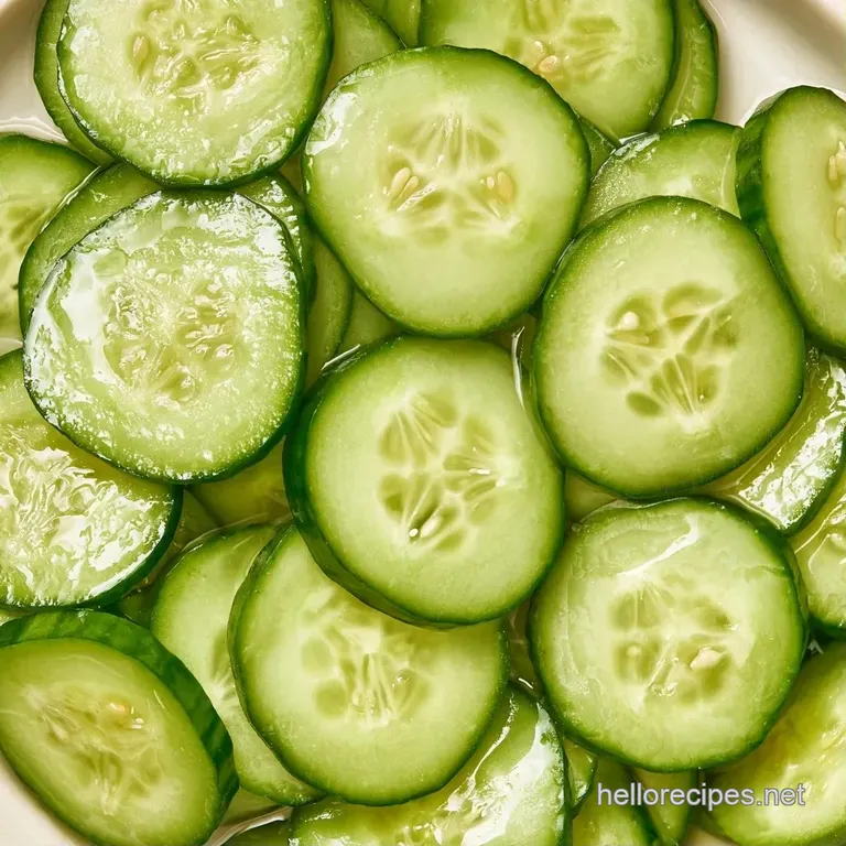 Neatly stacked translucent green cucumber slices on a white ceramic plate, glistening with brine and fresh dill.