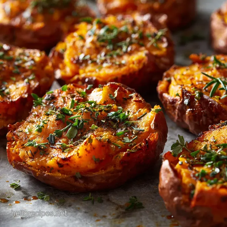 Smashed Sweet Potatoes: Crispy Garlic Rosemary Oven Recipe presentation