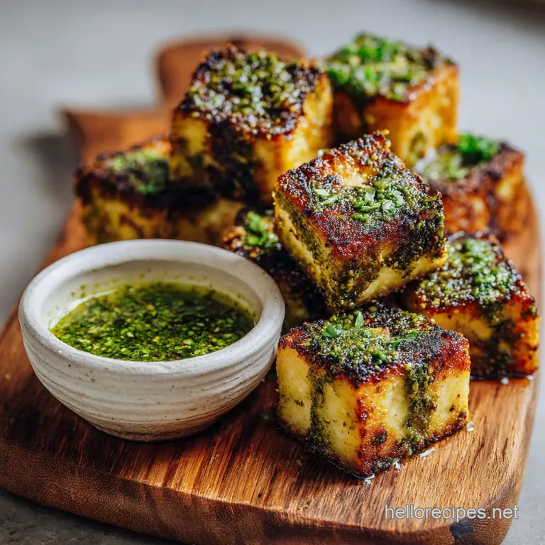 Vibrant green pesto tofu, artfully arranged on a white plate. Steam suggests fresh from the oven. A bright, inviting vegan...