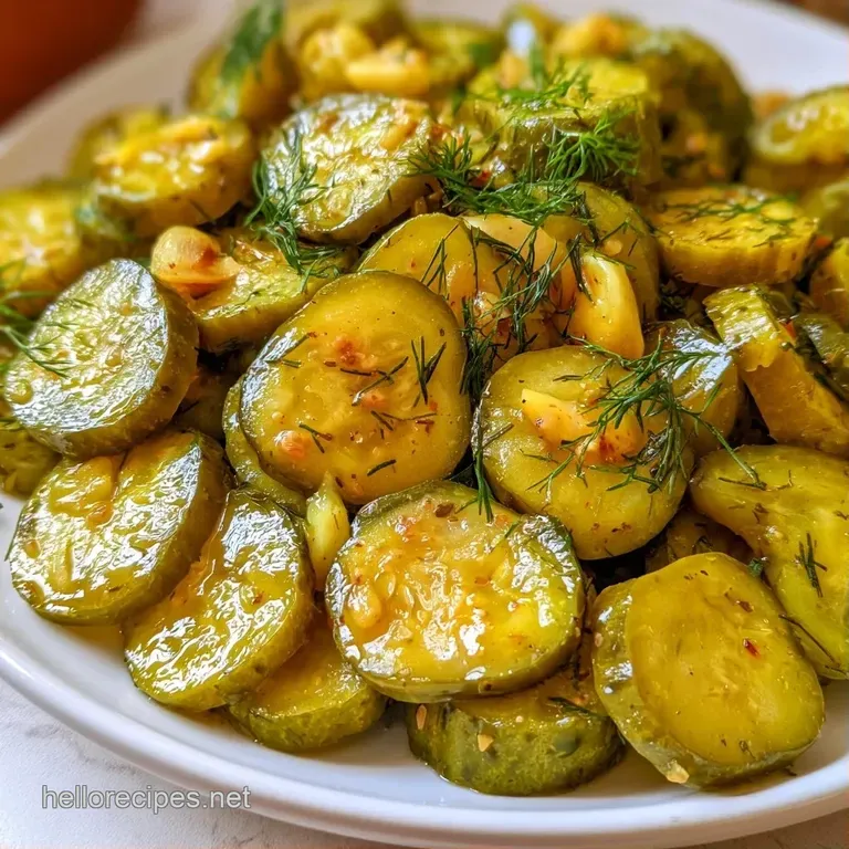 Sliced green pickle rounds arranged neatly on a white ceramic platter with a garnish of fresh, feathery dill.