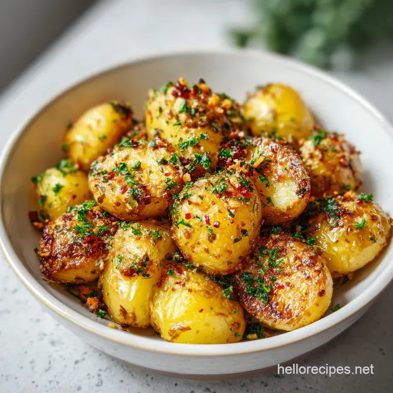 A neat pile of perfectly roasted potatoes, glistening with herb-infused oil and a sprinkle of salt.