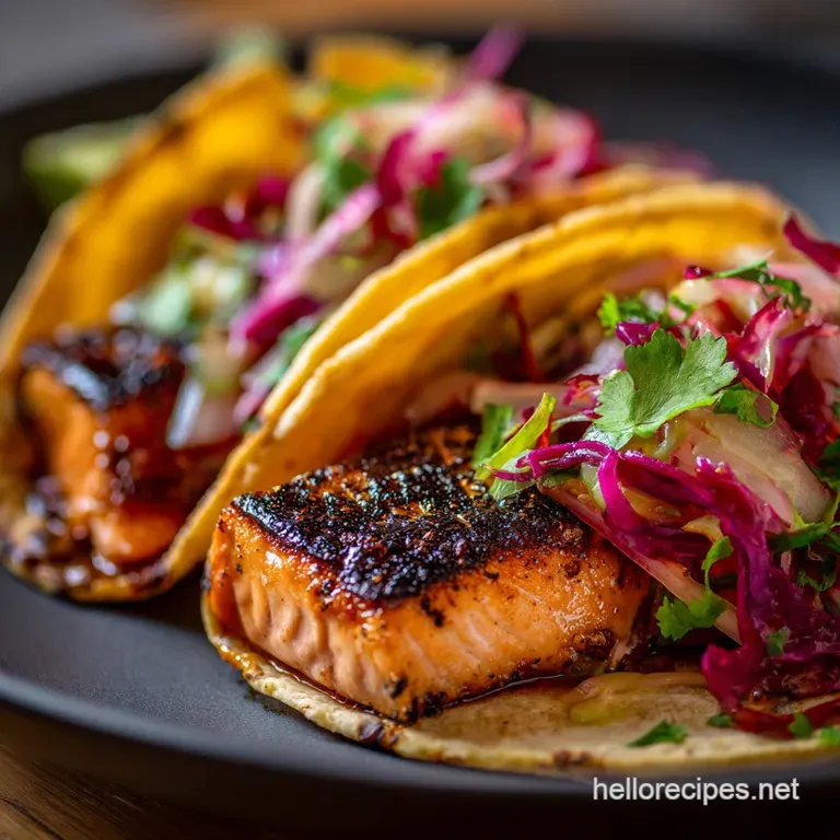 Salmon Tacos with Crispy Skin and Spicy Chipotle Crema presentation