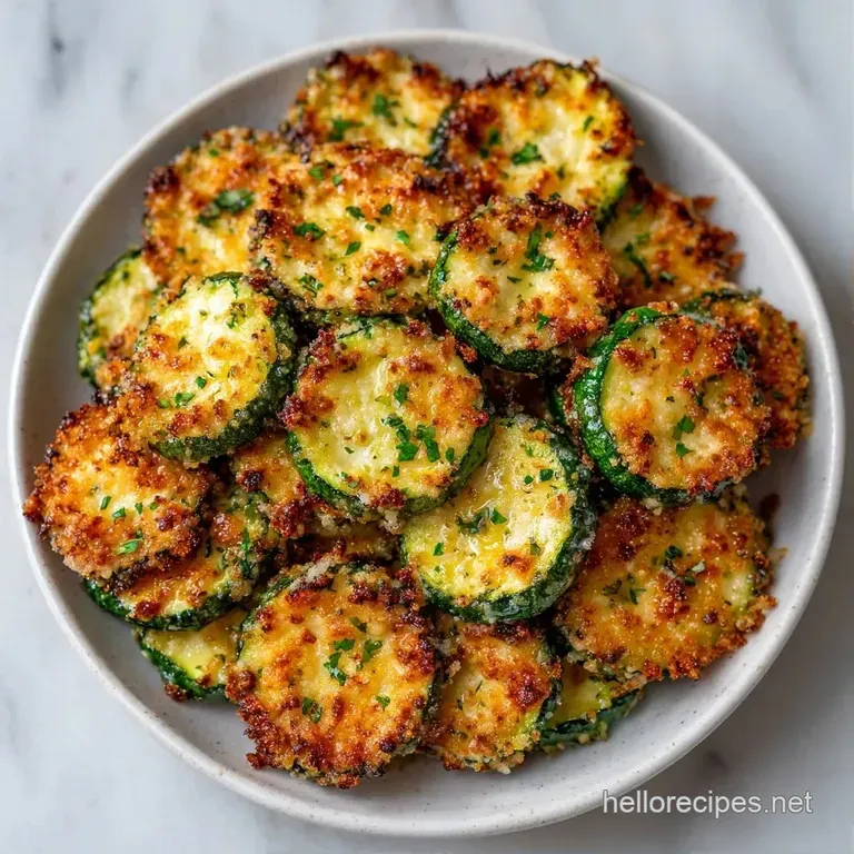 Neatly stacked breaded zucchini slices on a white plate with a side of rich red marinara and a basil leaf.