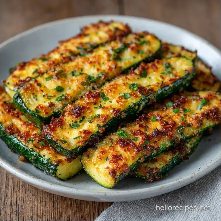 Neatly stacked roasted zucchini rounds on a white plate, accented with fresh parsley and a wedge of lemon.