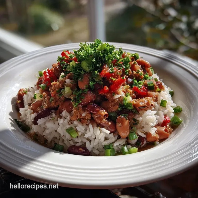 Elegant plating of Hoppin' John: a scoop of creamy black-eyed peas, a generous portion of tender ham, and a sprinkle of fr...