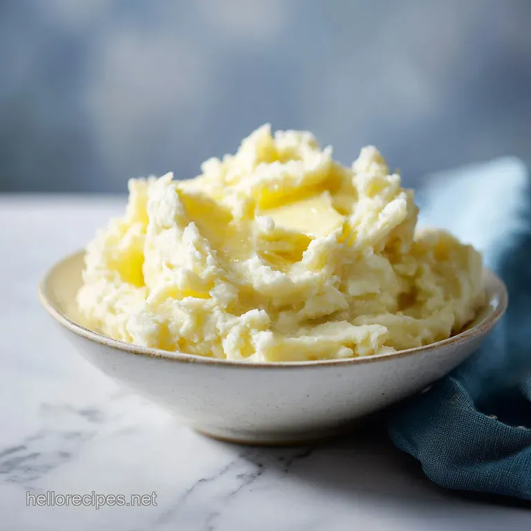 Pearly, pale yellow mashed potatoes artfully swirled in a bowl with fresh parsley, invitingly creamy and smooth texture, r...
