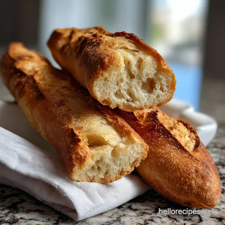 Two crusty baguettes elegantly sliced, revealing a soft, airy crumb. Freshly baked, perfect for a delightful meal.