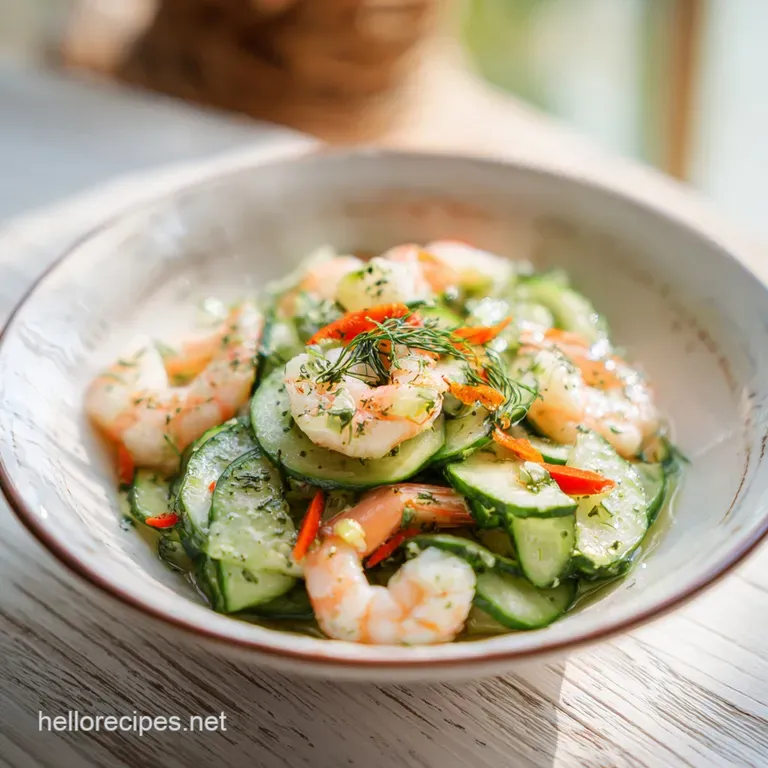 Plated shrimp salad with juicy shrimp, crisp cucumber, and dill, drizzled with creamy dressing on a bright white plate.