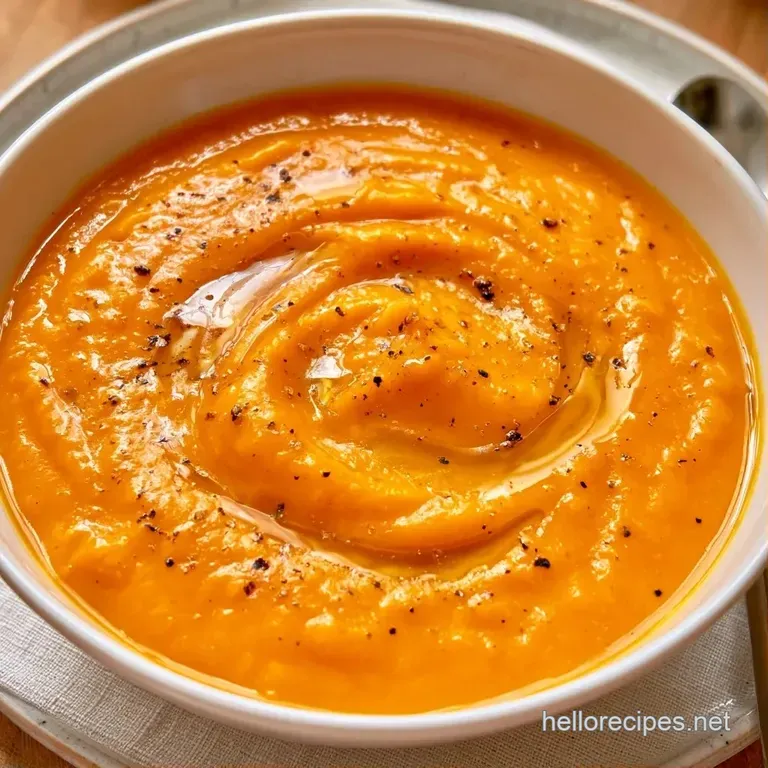 Elegant white bowl of velvety orange soup featuring a precise spiral of coconut cream and crisp pumpkin seeds.