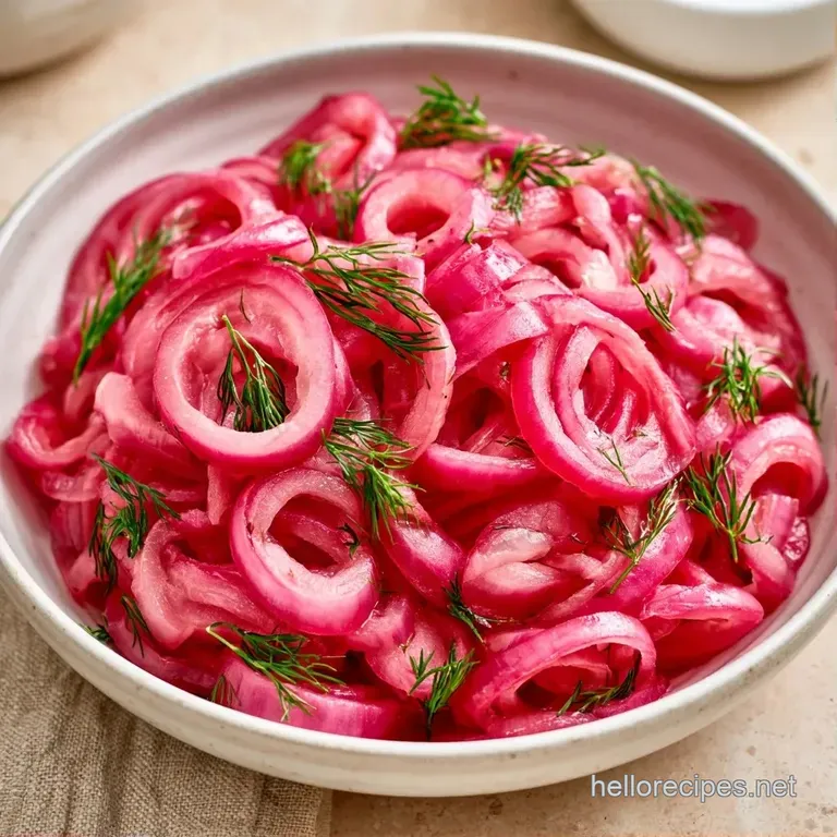 Thinly sliced pale pink onions and bright dill sprigs artfully arranged in a small white ceramic condiment bowl.