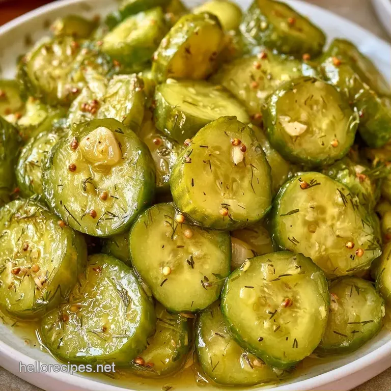 Bright green pickle slices arranged neatly on a white ceramic plate, garnished with a fresh sprig of dill.