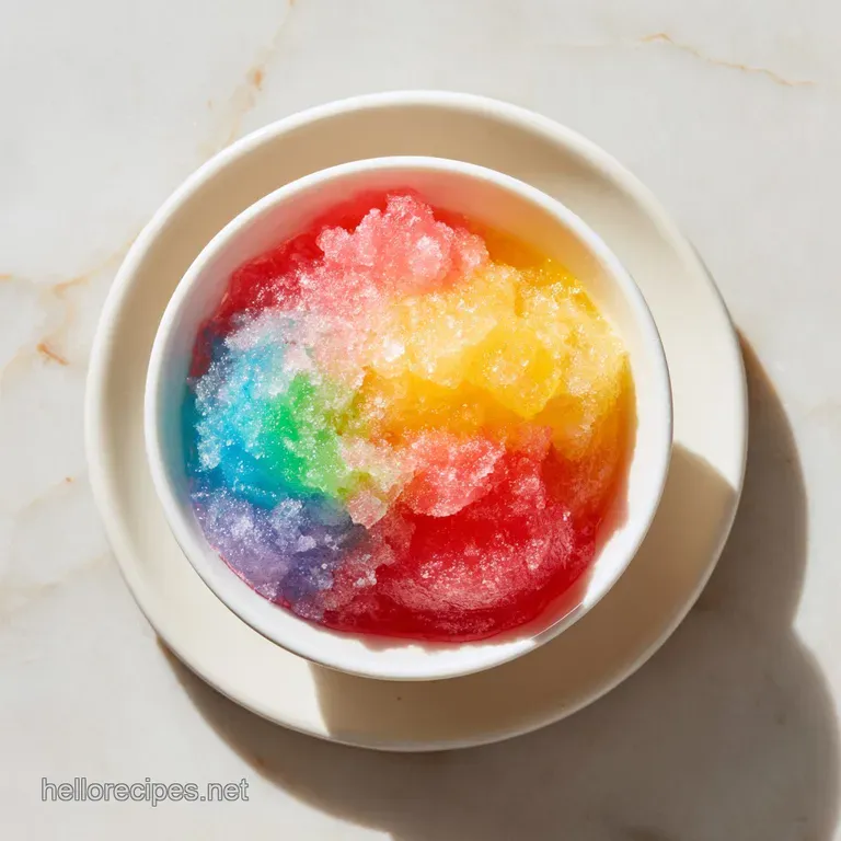 A layered rainbow slush drink, topped high with colorful candies, shows bright colors and a whimsical presentation.