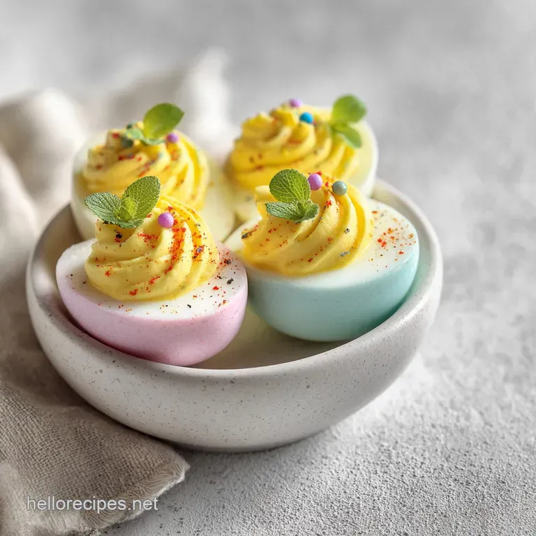 A delicate arrangement of pastel-dusted deviled egg halves on a white platter, garnished.