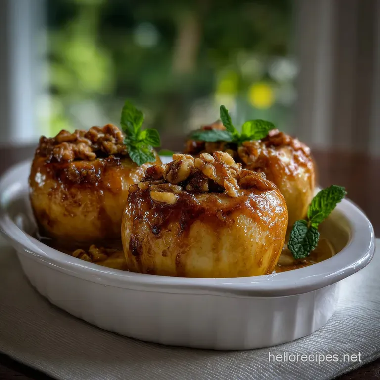 Two baked apple halves, artfully arranged on a white plate, drizzled with a rich sauce and sprinkled with a dusting of cin...