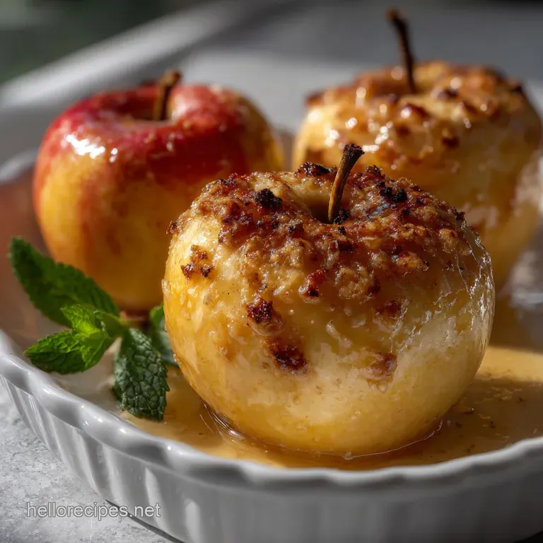 Warm, baked apples with glistening, caramelized skin, swimming in a pool of syrupy, golden juices, garnished with a sprig ...