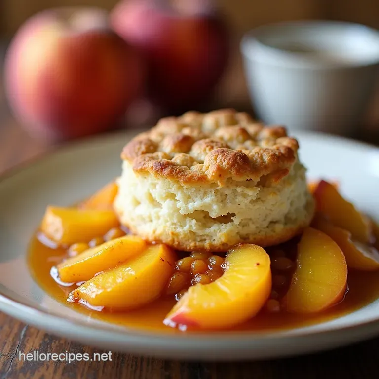 The Golden Summer Peach Cobbler Buttery Biscuit Topping Over Spiced SunKissed Peaches presentation