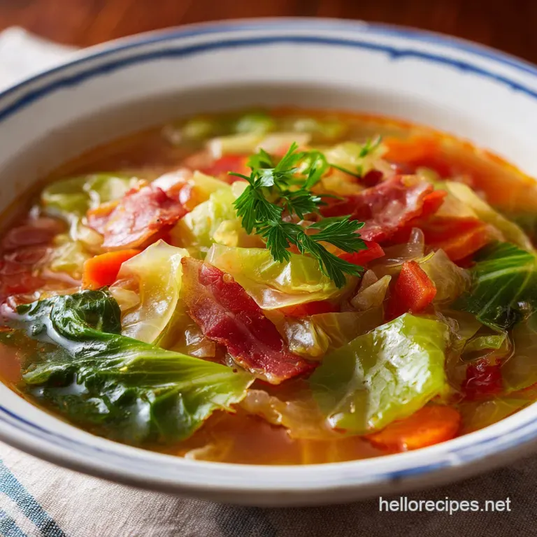 Bright green cabbage soup served in a rustic bowl, garnished with fresh herbs and a swirl of cream. Appetizing and comfort...