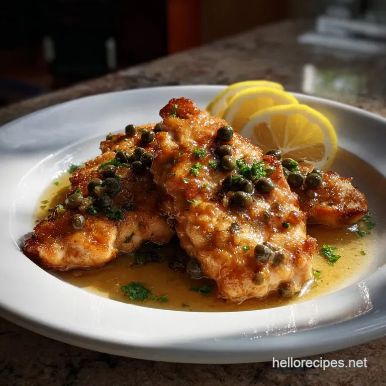 Pan-seared chicken piccata, elegantly plated. The golden chicken is drizzled with sauce alongside a lemon wedge and herb g...