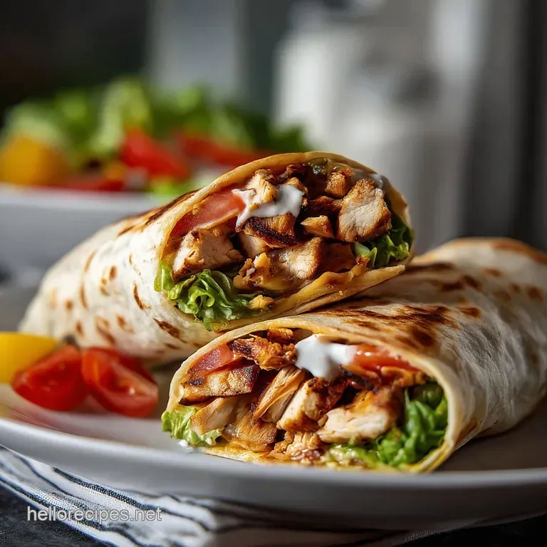 Grilled chicken burrito halves plated, drizzled with creamy chipotle ranch, alongside colorful pepper and onion strips.