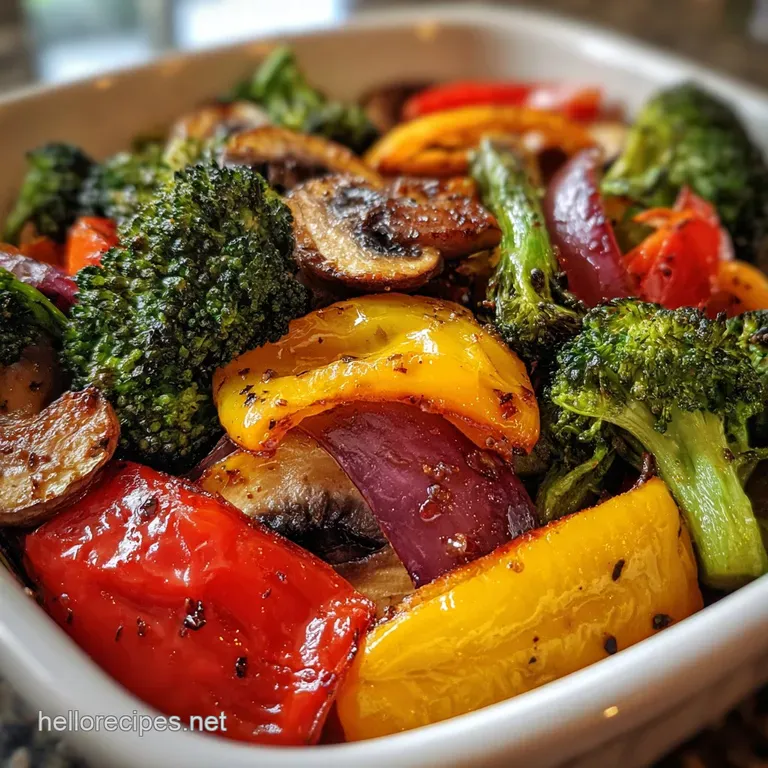Elegant plating featuring colorful roasted vegetables glistening with oil, accented by fresh herbs and a sprinkle of sea s...