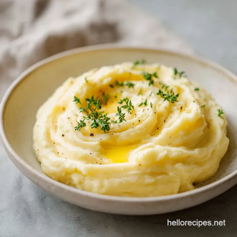 Piped mashed potatoes, golden and smooth, adorned with herbs and a pat of butter melting down the sides. Elegant and rustic.