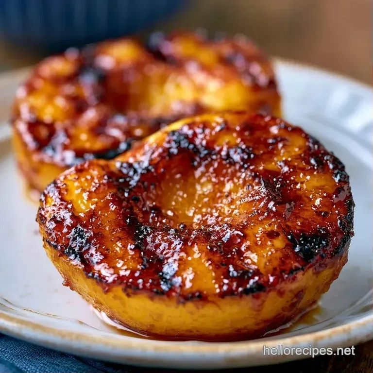 Warm, caramelized fruit halves drizzled with golden honey and garnished with fresh mint on a minimalist plate.