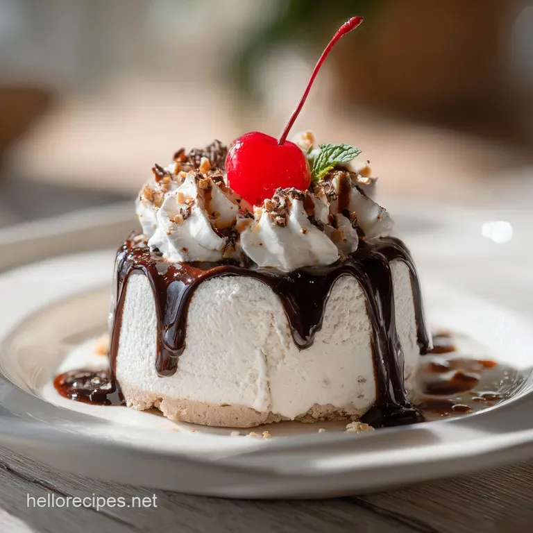 A slice of layered ice cream cake, showing rich chocolate and vanilla strata, artfully drizzled.
