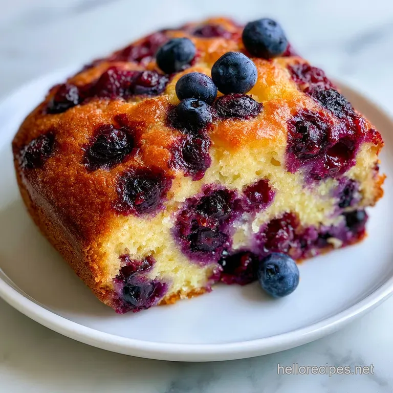 A fluffy slice of yellow cake topped with a creamy white glaze and a fresh lemon slice on a white ceramic plate.