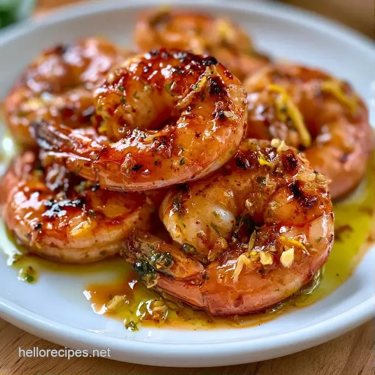 Platter of seared pink shrimp arranged around lemon wheels and fresh herbs on a rustic wooden serving board.