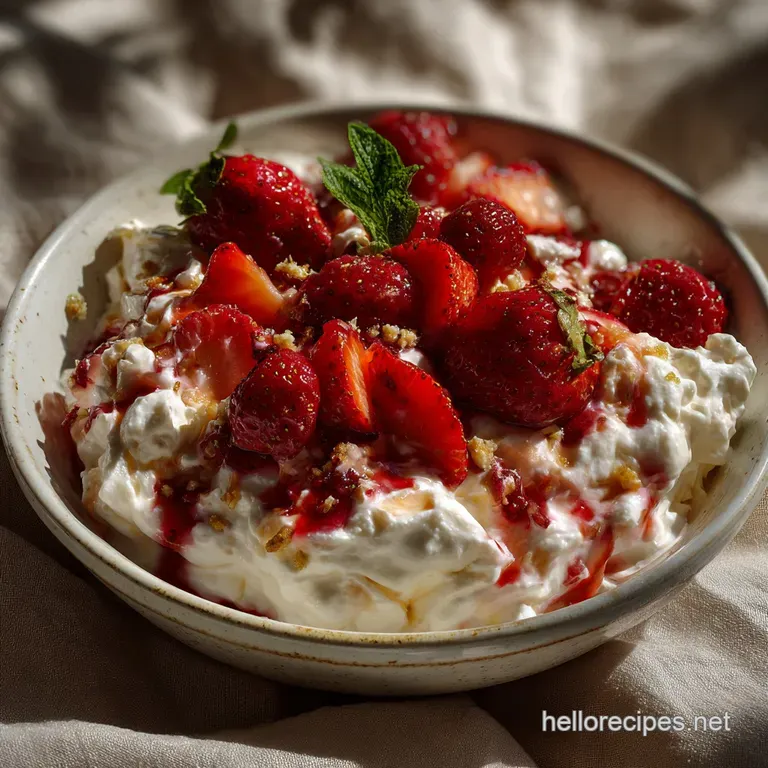 Elegant glass trifle showcasing layers of fresh strawberries, creamy whipped cream, and crisp meringue. A light and refres...