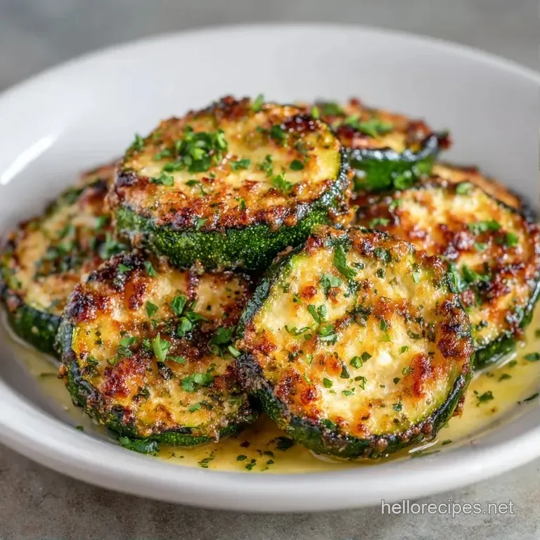Neatly arranged roasted zucchini slices on a white ceramic plate, garnished with fresh herbs and lemon zest.