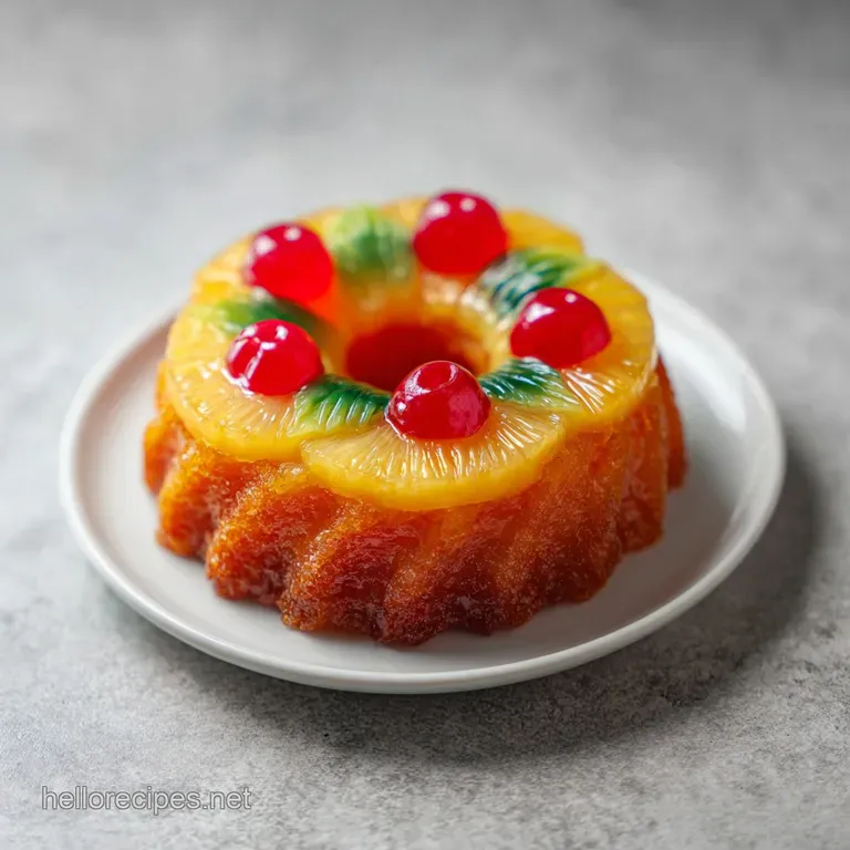 A pristine slice of pineapple cake on a white plate, drizzled with caramel and topped with a mint leaf.
